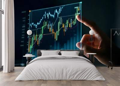 Hand interacting with digital stock market graph on a futuristic transparent screen. Wall mural