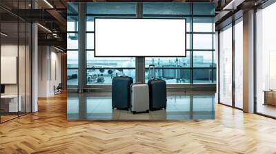 Two suitcases in an airport with a blank information screen and airplanes in the background. Wall mural