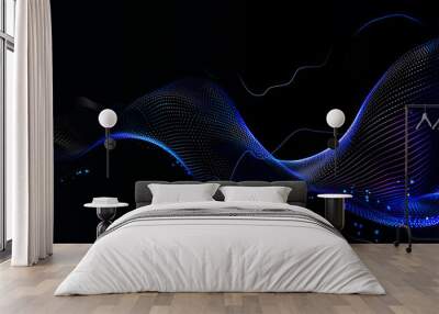 Abstract digital wave with blue particles, technology concept, dark background.	 Wall mural