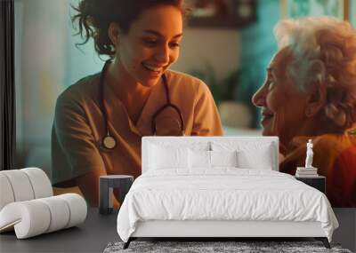 Nurse smiling at elderly woman at home, warm elderly care, healthcare and support concept.
 Wall mural