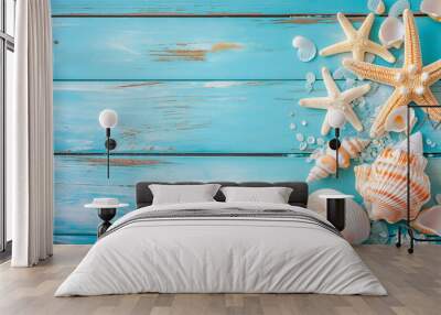 Starfish and seashells on turquoise wooden background, summer theme with copy space. Wall mural