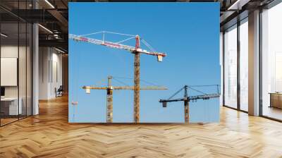 Tall tower cranes working at an urban construction site.  Wall mural