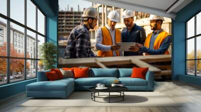 Team or group of construction workers, engineers or architects wearing hard hats and reflective vests.  at a construction site. Shallow field of view, generative AI. Not real people. Wall mural