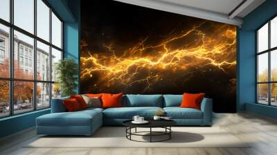 Vibrant yellow lightning bolt arcing across a dark black background, capturing the raw energy and power of electricity. Isolated on black background. Wall mural