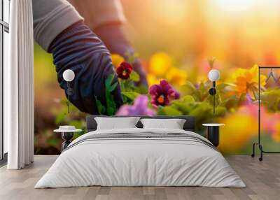 Woman at work in the garden planting  planting pansies or flowers. Close up of hands working the plant into the spring soil. Wide banner with shallow field of view. Wall mural