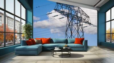 High voltage electricity pylon, at blue sky with clouds. Two birds are on the electricity cable Wall mural