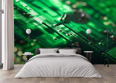 Illuminated green electronic circuit board with many electrical components. Narrow depth of field Wall mural