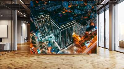 Aerial view from drone on the night city Wall mural