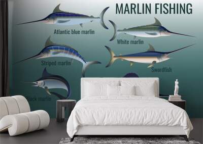 Blue, black, striped and white marlin, swordfish and sailfish Wall mural