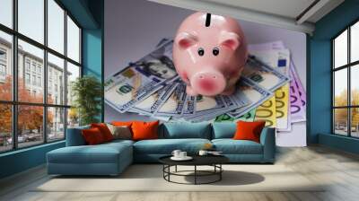 piggy bank hundred dollar bills and euro notes of different denominations 2 Wall mural