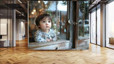 A baby is looking out a window Wall mural