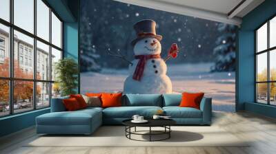 A snowman with a red scarf and hat is standing in the snow Wall mural