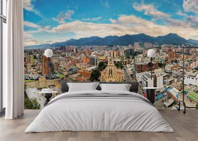 Great panoramic view of the center of Bogotá in Colombia, in front of the Lourdes church and Carrera Trece 13. General view of the city of Bogotá. Wall mural