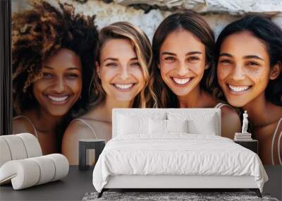 Happy diverse women in a row on the beach Wall mural