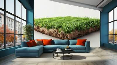 3d rendered, isolated grass field flying in air, isolated on white. Floating Piece of land with green grass surface and soil section. Flying land grass texture and empty grass field isolated.. Wall mural