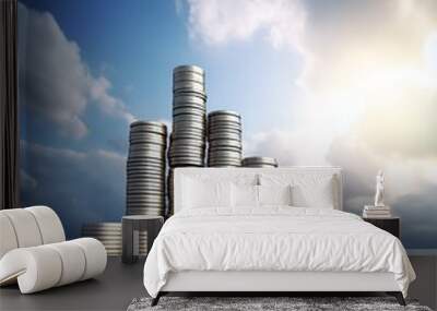 A tower of stacked coins reaching towards the sky symbolizing value investing. Wall mural