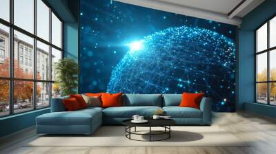 Abstract blue digital background with glowing network connections and global connection concept on a dark blue backdrop. Abstract technology, internet, or business theme vector illustration design ele Wall mural