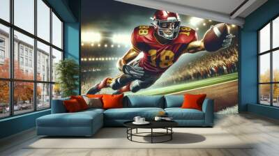 American football player in a red and gold uniform, with the number 18, is captured in a dynamic dive for a touchdown. Wall mural