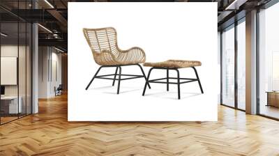 Chair natural wood single seat with rattan material, comfortable for interior/exterior furniture, isolated on white background Wall mural