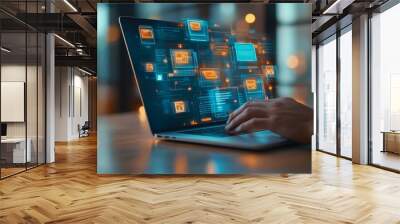 Digital documents, law, and climate data management concept with a businessman working on a laptop computer using an online document storage system in the office, double exposure photography, studio s Wall mural