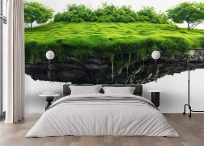 fantasy floating island with natural one tree on the rock, surreal float landscape with green grass. 3d illustration with cut of the ground and the grass landscape. The trees on the island. eco design Wall mural