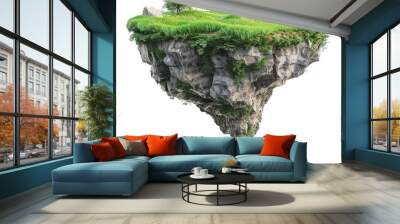 Flying land with beautiful landscape, green grass and waterfalls mountains, isolated on white background. 3d illustration of floating forest island. 3d illustration of flying paradise rock flying land Wall mural