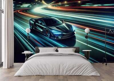 high-speed motion, with light streaks trailing behind it, conveying a sense of rapid movement and advanced automotive technology Wall mural