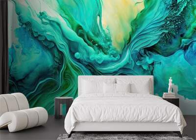 Abstract Background Green Watercolor Paint Liquid Fluid Texture For Graphic Design. Generative AI. Wall mural