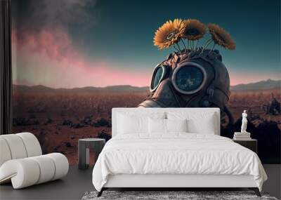 Beautiful exotic flowers growing out of gas mask on the ground, in post-apocalyptic desert landscape Wall mural