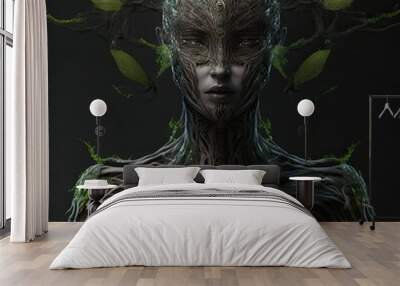 Biomechanical floral dryad woman isolated on black background. Digitally generated character art. Wall mural