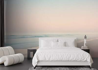 Dreamlike Soft Colors Peaceful Beach With Tranquil Waves. Lone Figure Standin on Shore. Generative AI. Wall mural