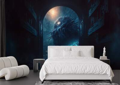 Facing the demons. Standing at the gate. Sci-fi horror concept. Wall mural