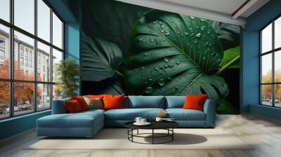 Foliage of tropical leaf in dark green with rain water drop on texture, abstract pattern nature background Wall mural