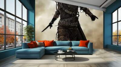 Full body action shot of Mad Max Fallout style apocalypse villain with steel mask and weapons Wall mural