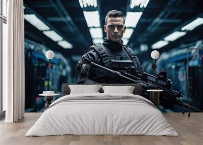 Futuristic Soldier Wielding a Rifle and Armor Wall mural