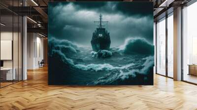 Haunted Ghost Ship in Stormy Seas. Generative AI. Wall mural