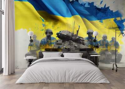 Military soldiers and tanks artillery on Ukraine background, double exposure with Ukrainian flag colors Wall mural