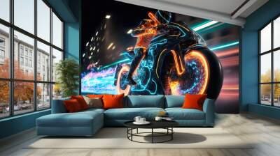 Moto racer speeding through streets on neon motorcycle. Burning speed motion driving. Wall mural