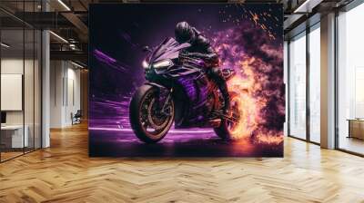 Motorcycle in black and purple highlights, rider racing fast with motion effects. Generative AI. Wall mural