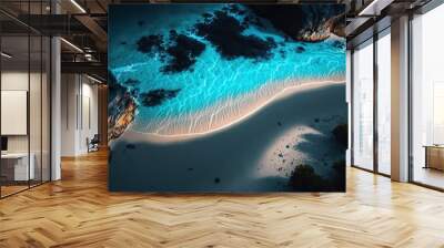 Neon Blue Water and White Sandy Beach Concept Art. Generative AI. Wall mural