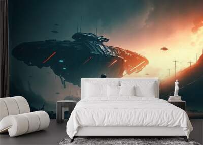 Science fiction space battle war scene with mecha cyborg soldier and spaceship Wall mural