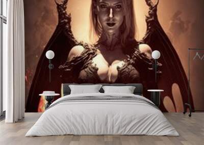 Sexy blonde demoness devil woman in black outfit, summoned from hell. Wall mural