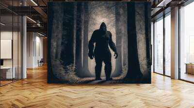 Silhouette of Bigfoot creature in the foggy woods Wall mural