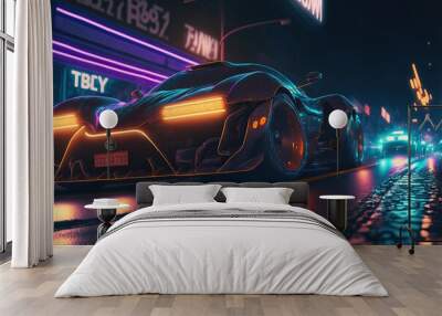 Sports concept car on future neon cyberpunk city street at night Wall mural