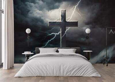 White cross in the stormy sky. Calm the storm. Christian bible concept. Wall mural