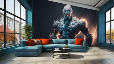 Yeti-Gorilla Warrior. Abonimable muscular bigfoot male. Character design on black background. Wall mural