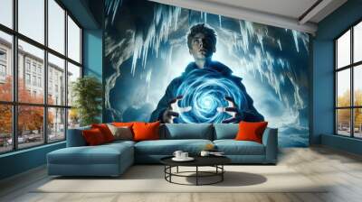 young sorcerer channeling a powerful spell in an ancient cave. His expression is focused and determined, Wall mural