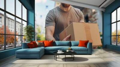 Delivery of goods and parcels, the delivery man holding cardboard box, banner Wall mural