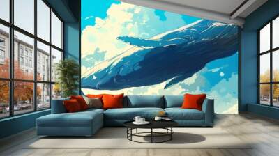 Illustration of a swimming whale in a clear clear blue sky among the clouds, banner Wall mural