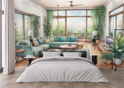 Adorable cartoon style, Detailed linear watercolor of interior design Wall mural